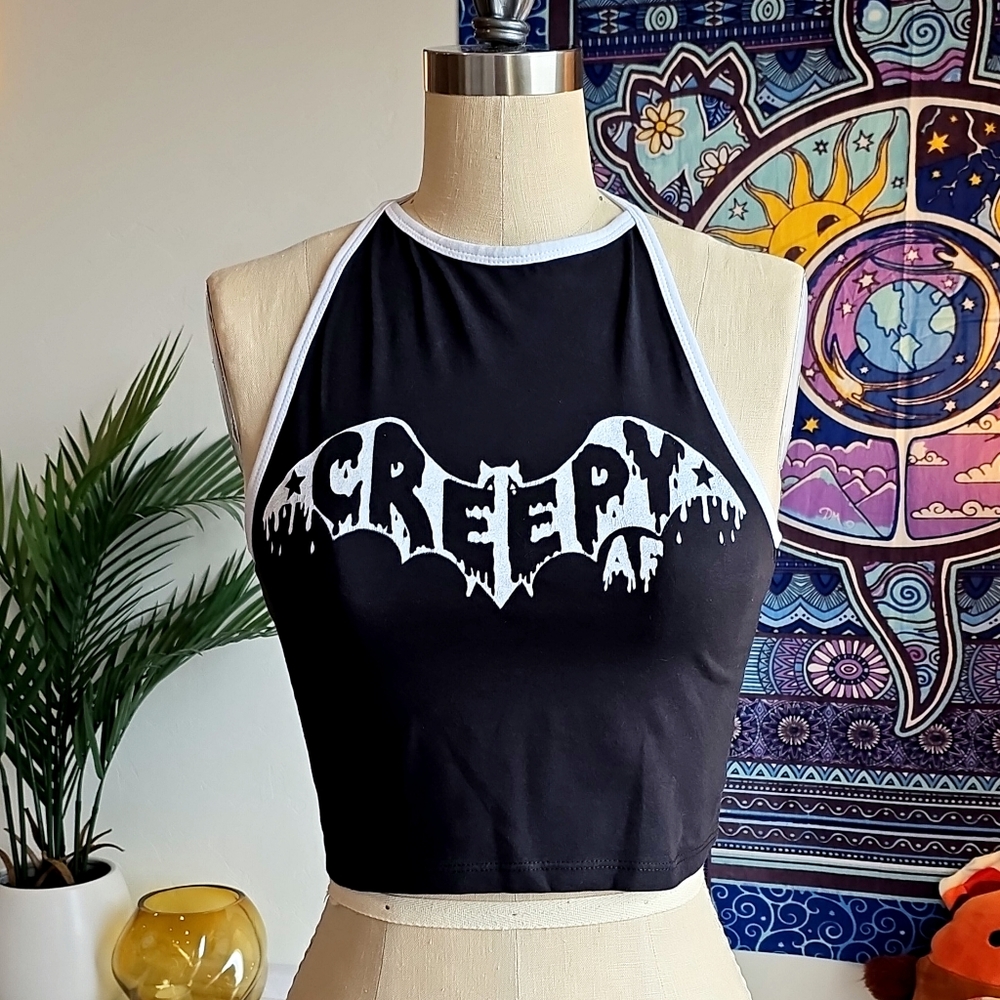 Too Fast Creepy AF Cropped Halter Top  Bat Graphic Print from Dolls Kill